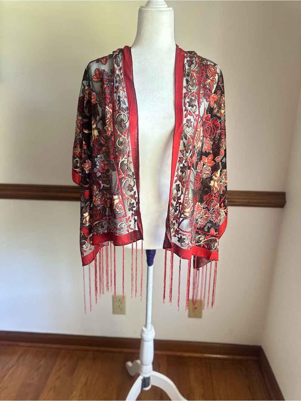 Whimsigoth Scarf Black Sheer Burnout Velvet Red Rose Metallic Fringe Scarf Shawl
